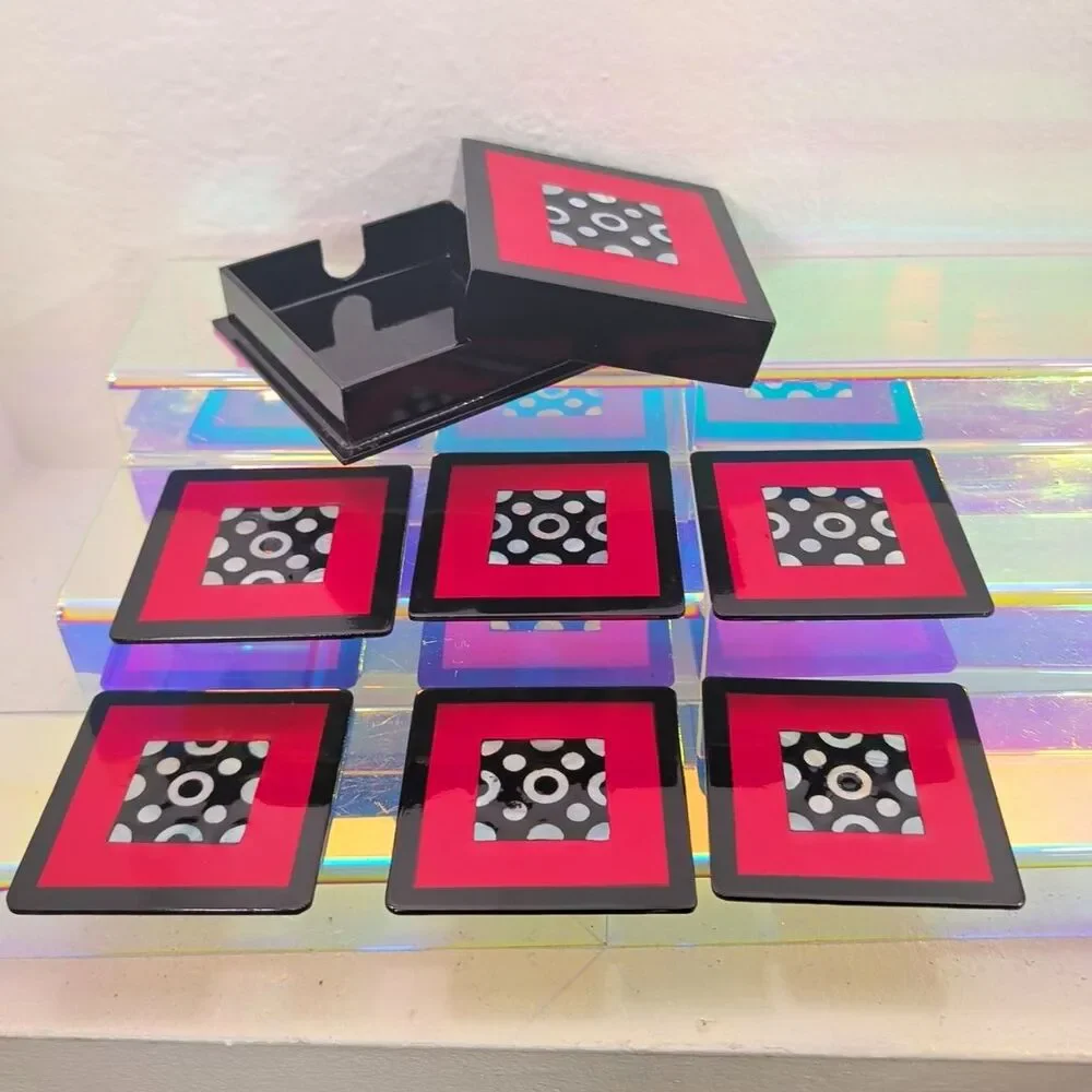 vintage article mother of pearl and lay coaster set of six with holder black red